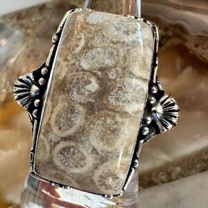 2513 Artisan Silver and Cream Fossil Coral Stone Ring